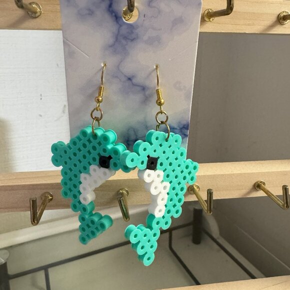 Dolphin teal perler bead earrings - Picture 1 of 3